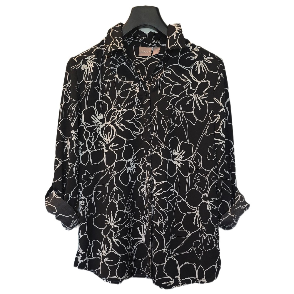 Chicos Womens Black White Floral Outline Button Down Roll Tab Sleeve‎ Shirt Sz 2